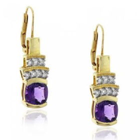 14K Gold Amethyst Diamond Leverback Earring Split Bezelgold 