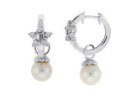 Cultured Pearl Earrings : 14K White Gold - 0.18 CT Diamondscultured 