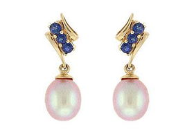 Sapphire Cultured Pearl Earrings : 14K Yellow Gold - 0.50 CT TGWsapphire 
