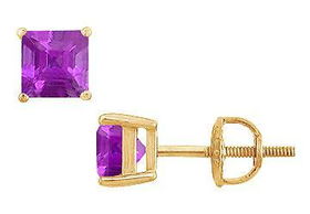 Amethyst Stud Earrings : 14K Yellow Gold - 2.00 CT TGWamethyst 