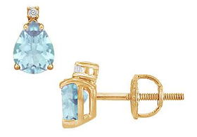 Diamond and Aquamarine Stud Earrings : 14K Yellow Gold - 2.04 CT TGWdiamond 