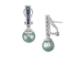 Cultured Pearl and Sapphire Earrings : 14K White Gold - 1.25 CT TGWcultured 