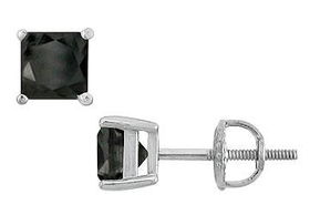 14K White Gold : Princess Cut Black Diamond Stud Earrings  3.50 CT. TW.white 