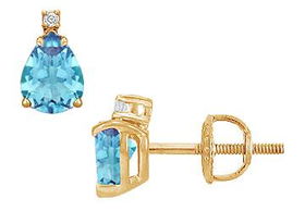 Diamond and Blue Topaz Stud Earrings : 14K Yellow Gold - 2.04 CT TGWdiamond 
