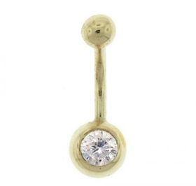 14KT Solid Yellow Gold Belly Ring Barbell CZ Gem Accent