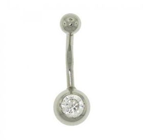 14KT Solid White Gold Belly Ring Barbell CZ Gem Accent