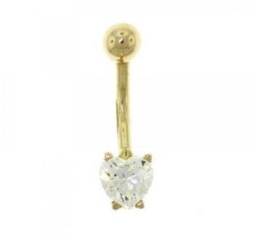 10KT Yellow Gold Belly Ring Barbell Heart CZ Gem