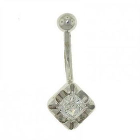 10KT White Gold Belly Ring Barbell Princess CZ Gem