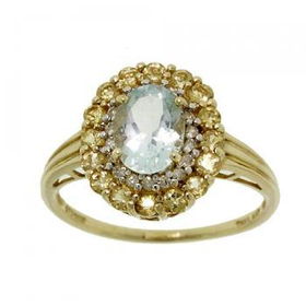 14KT Gold Cluster Ring Aquamarine Yellow Beryl Diamondgold 