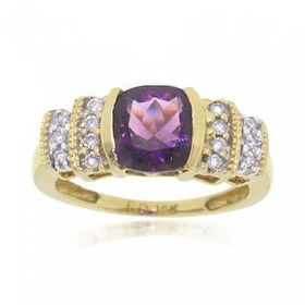 Yellow Gold Ring w/ Amethyst & Diamond Gemstones Size 7yellow 