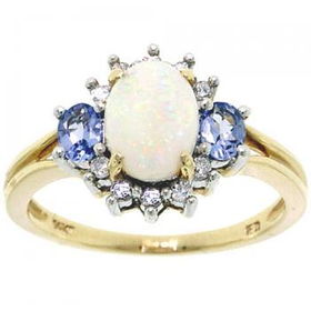 14KT Gold Three Stone Ring w/ Opal Tanzanite Diamondgold 