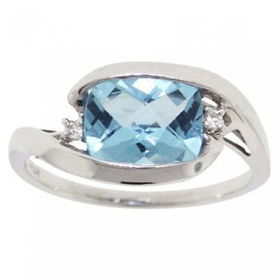 Solid 14KT White Gold Bypass Ring Blue Topaz Diamondsolid 