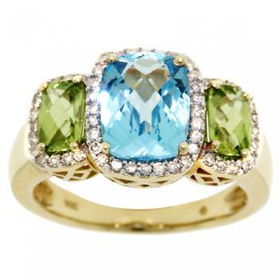 Blue Topaz Ring W/ Diamond 14K Gold Peridot - 3 Stoneblue 
