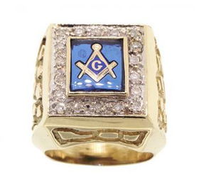 MEN'S BLUE MASONIC 1/2 CT DIAMOND 14K YELLOW GOLD RINGmen 