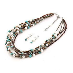 Ladies Pearl, Turquoise, Copper Bead Necklace Set Case Pack 3