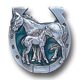 Pewter 3-D Collector Pin - Mare with Foal in Horseshoe