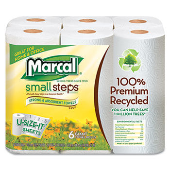 Marcal Small Steps 6181PK - 100% Premium Recycled Giant Roll Towels, 5-3/4 x 11, 140/Roll, 6/Pack