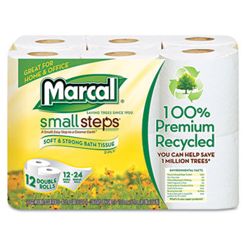 Marcal Small Steps 6112 - 100% Recycled Double Roll Bathroom Tissue, 12 Rolls/Pack
