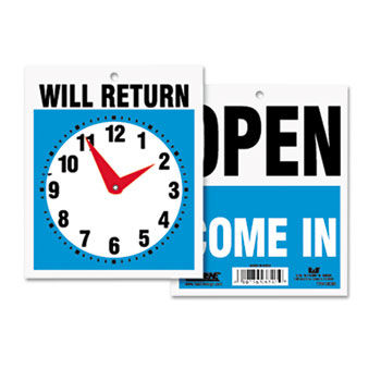 Headline Sign 9382 - Double-Sided Open/Will Return Sign w/Clock Hands, Plastic, 7-1/2 x 9