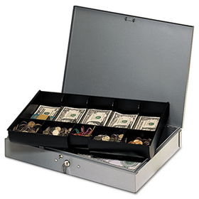 Extra-Wide Steel Cash Box w/10 Compartments, Key Lock, Graysteelmaster 