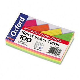 Ruled Index Cards, 3 x 5, Glow Green/Yellow, Orange/Pink, 100/Packoxford 