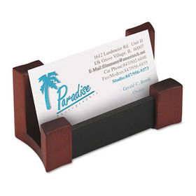 Wood/Leather Business Card Holder, Capacity 50 2 1/4 x 4 Cards, Black/Mahogany