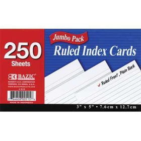 BAZIC 250 Ct. 3"" X 5"" Ruled White Index Card Case Pack 36bazic 