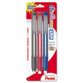 Clic Eraser Pencil-Style Grip Eraser, Assorted, 3/Pack