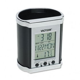 Victor PH500 - Plastic Pencil Cup with LCD Display, 3 1/2 x 3 x 4, Black/Chrome/Pewtervictor 