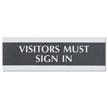 Headline Sign 4763 - Century Series Office Sign, Visitors Must Sign In, 9 x 1/2 x 3, Black/Silver