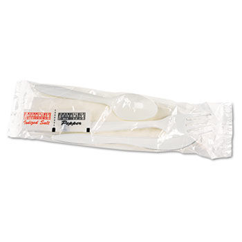 Boardwalk 6KITMW - Cutlery Kit, Plastic Fork/Spoon/Knife/Salt/Pepper/Napkin, White, 250/Carton