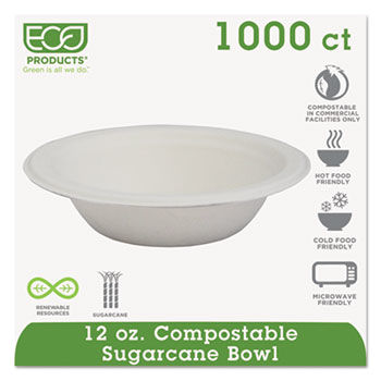 Eco-Products EPBL12 - Compostable Sugarcane Dinnerware, 12 oz. Bowl, Natural White, 1000/Cartoneco 