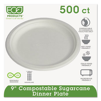 Eco-Products EPP013 - Compostable Sugarcane Dinnerware, 9 Plate, Natural White, 500/Carton