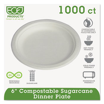 Eco-Products EPP016 - Compostable Sugarcane Dinnerware, 6 Plate, Natural White, 1000/Carton