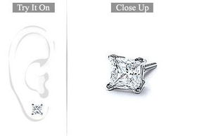 Mens Platinum : Princess Cut Diamond Stud Earring - 1.00 CT. TW.