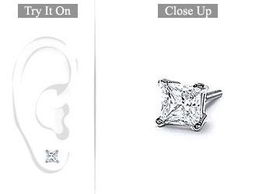 Mens 18K White Gold : Princess Cut Diamond Stud Earring  0.75 CT. TW.
