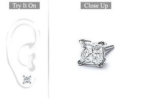 Mens 18K White Gold : Princess Cut Diamond Stud Earring  1.00 CT. TW.