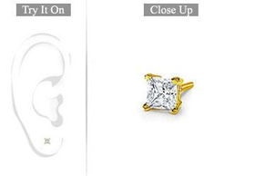 Mens 18K Yellow Gold : Princess Cut Diamond Stud Earring  0.15 CT. TW.mens 
