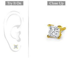 Mens 18K Yellow Gold : Princess Cut Diamond Stud Earring  0.50 CT. TW.mens 