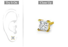Mens 18K Yellow Gold : Princess Cut Diamond Stud Earring  0.75 CT. TW.