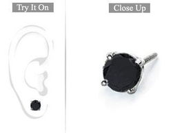 Mens 14K White Gold : Round Black Diamond Stud Earring - 2.00 CT. TW.