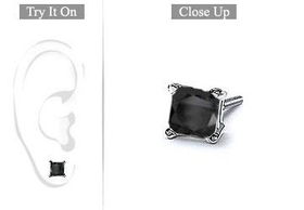 Mens 14K White Gold : Princess Cut Black Diamond Stud Earring - 2.00 CT. TW.