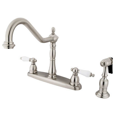 Kingston Brass Two Handle Centerset Deck Mount Kitchen Faucet with Brass Side Spray KB1758PLBS, Satin Nickel