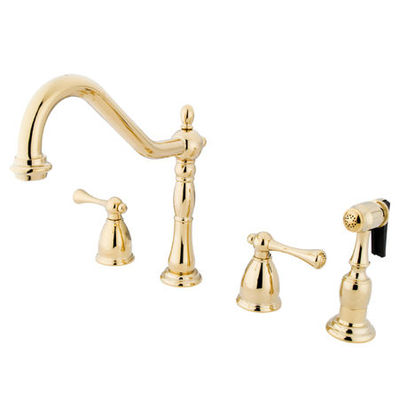 Kingston Brass Two Handle Widespread Deck Mount Kitchen Faucet with Brass Side Spray KB1792BLBS, Polished Brass