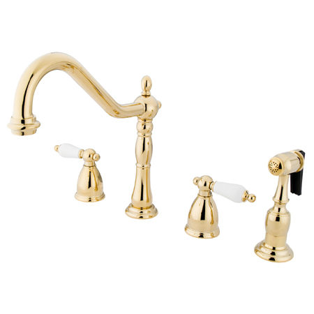 Kingston Brass Two Handle Widespread Deck Mount Kitchen Faucet with Brass Side Spray KB1792PLBS, Polished Brass