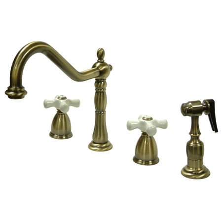 Kingston Brass Two Handle Widespread Deck Mount Kitchen Faucet with Brass Side Spray KB1793PXBS, Vintage Brass