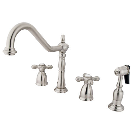 Kingston Brass Two Handle Widespread Deck Mount Kitchen Faucet with Brass Side Spray KB1798AXBS, Satin Nickel