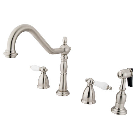 Kingston Brass Two Handle Widespread Deck Mount Kitchen Faucet with Brass Side Spray KB1798PLBS, Satin Nickel