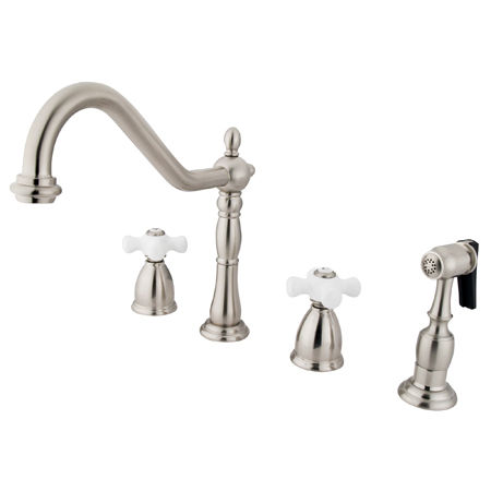 Kingston Brass Two Handle Widespread Deck Mount Kitchen Faucet with Brass Side Spray KB1798PXBS, Satin Nickel