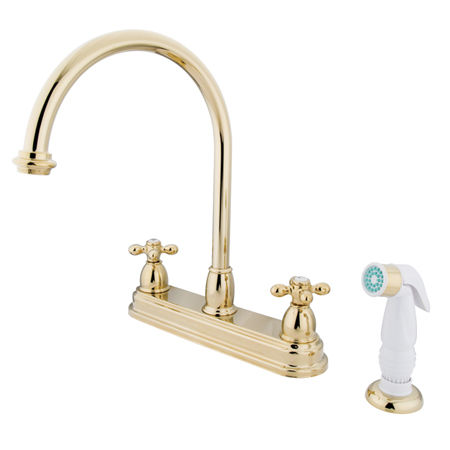 Kingston Brass Two Handle Centerset Deck Mount Kitchen Faucet with Side Spray KB3752AX, Polished Brass